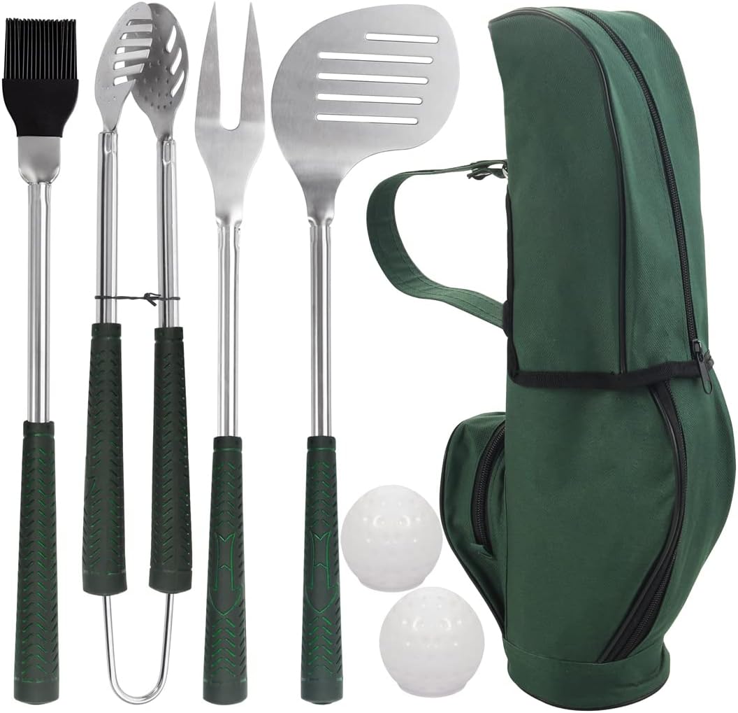 7PCS Golf-Club Style BBQ Tool Set Grilling Tools with Rubber Handle - Stainless Steel Grill Accessories for Outdoor Grill Set Premium Grill Utensils Set Fathers Day Birthday Gifts for Men Green