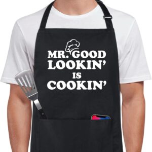 100% Cotton Funny Apron with 2 Pockets for Men Women BBQ Grilling Adjustable Bib Black Aprons Gifts Cooking Kitchen