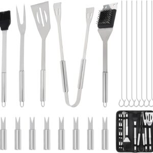 20 Pcs Stainless Steel BBQ Grill Tools Set, Heavy Duty Outdoor Barbecue Utensils Kit with Spatula, Tongs, Fork, Skewers, Meat Thermometer & Storage Bag for Camping, Backyard, Picnic