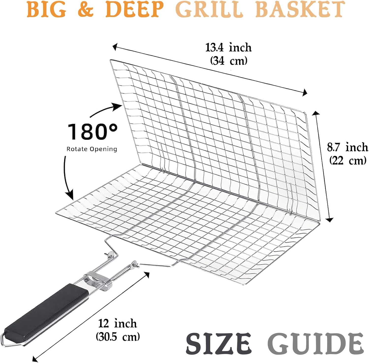 BBQ Fish Grill Basket with Basting Brush – 20.5"x13.5" Lockable Nonstick Grilling Basket with Beech Wood Handle, Chrome-Plated Carbon Steel Mesh for Fish, Meat, Vegetables - Image 2