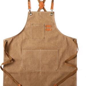 Canvas Cross Back Chef Cotton Aprons for Men Women with Large Pockets