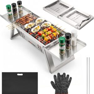 Small Portable Bbq Charcoal Grill, Folding Barbecue Grill With 4-Level Heat Control,Outdoor Tabletop Bbq For Camping Essentials,Easy-To-Use Barbecue Smoker For Picnic Garden Terrace Camping Travel