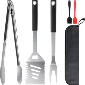 5PCS BBQ Tools, Stainless Steel Barbecue Accessories-Spatula, Fork, Tongs & Two Small Oil Brushes, Suitable for Camping and BBQ Use,Ideal BBQ Set Grilling Tools for Outdoor Grill, Gifts for Dad
