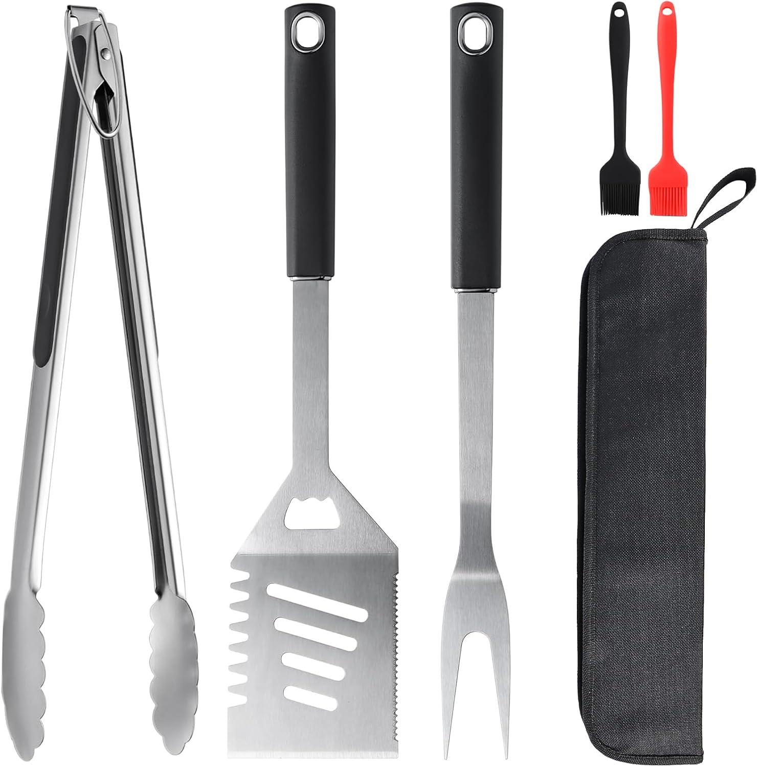 5PCS BBQ Tools, Stainless Steel Barbecue Accessories-Spatula, Fork, Tongs & Two Small Oil Brushes, Suitable for Camping and BBQ Use,Ideal BBQ Set Grilling Tools for Outdoor Grill, Gifts for Dad