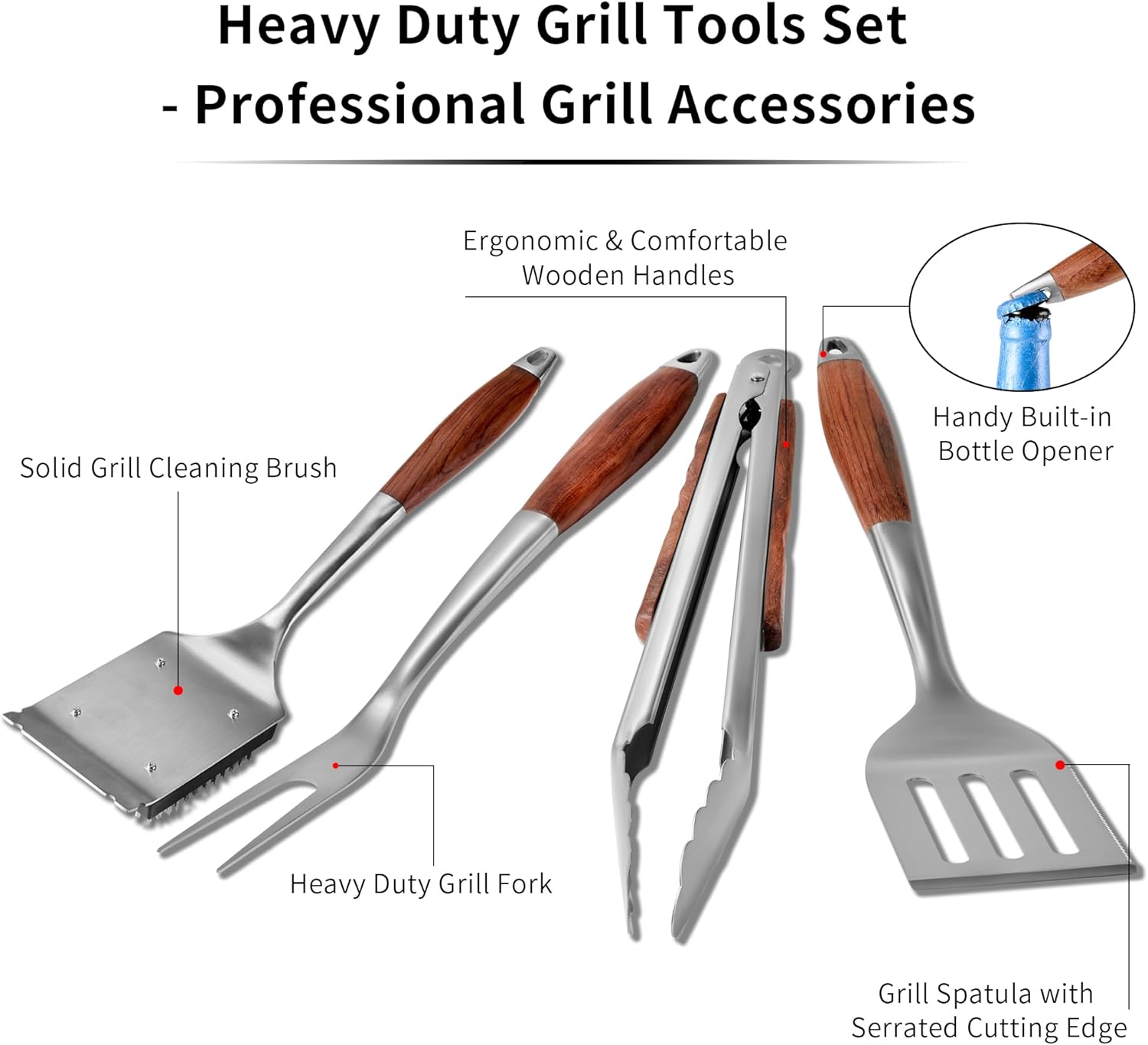 Heavy-Duty Grilling Accessories Rose Wooden BBQ Grilling Tools Set,Outdoor Grill Set with Spatula, Fork, Brush & Tongs,Essential Accessories for Barbecue & Grill. Ideal Gift for Men - Image 2