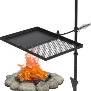 Height-Adjustable Portable Campfire Grill Grate, Foldable Swivel Fire Pit Cooking Grill, Heavy Duty Steel Mesh Fire Pit Grill Grate with Carrying Bag for Outdoor Backyard Cooking Camping BBQ