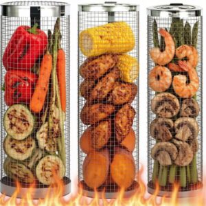 3 Pcs Rolling Grill Baskets for Outdoor Grill Accessories, BBQ Grilling Basket for Vegetables Shrimp Kebob, Outdoor Cooking Camping, Birthday Gifts for Men Dad Husband