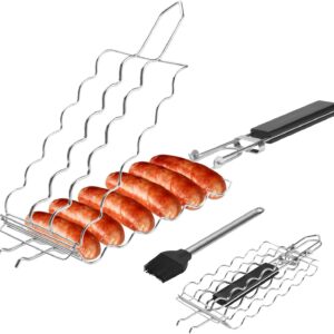 Hot Dog Holders for grilling with Brush - 6 hotdog bbq basket Stainless Steel Barbecue Mesh Clip,Removable Heat-Resistant Wooden Handle for Sausages, Steak, Vegetables Cooking, Easy to Clean & Store