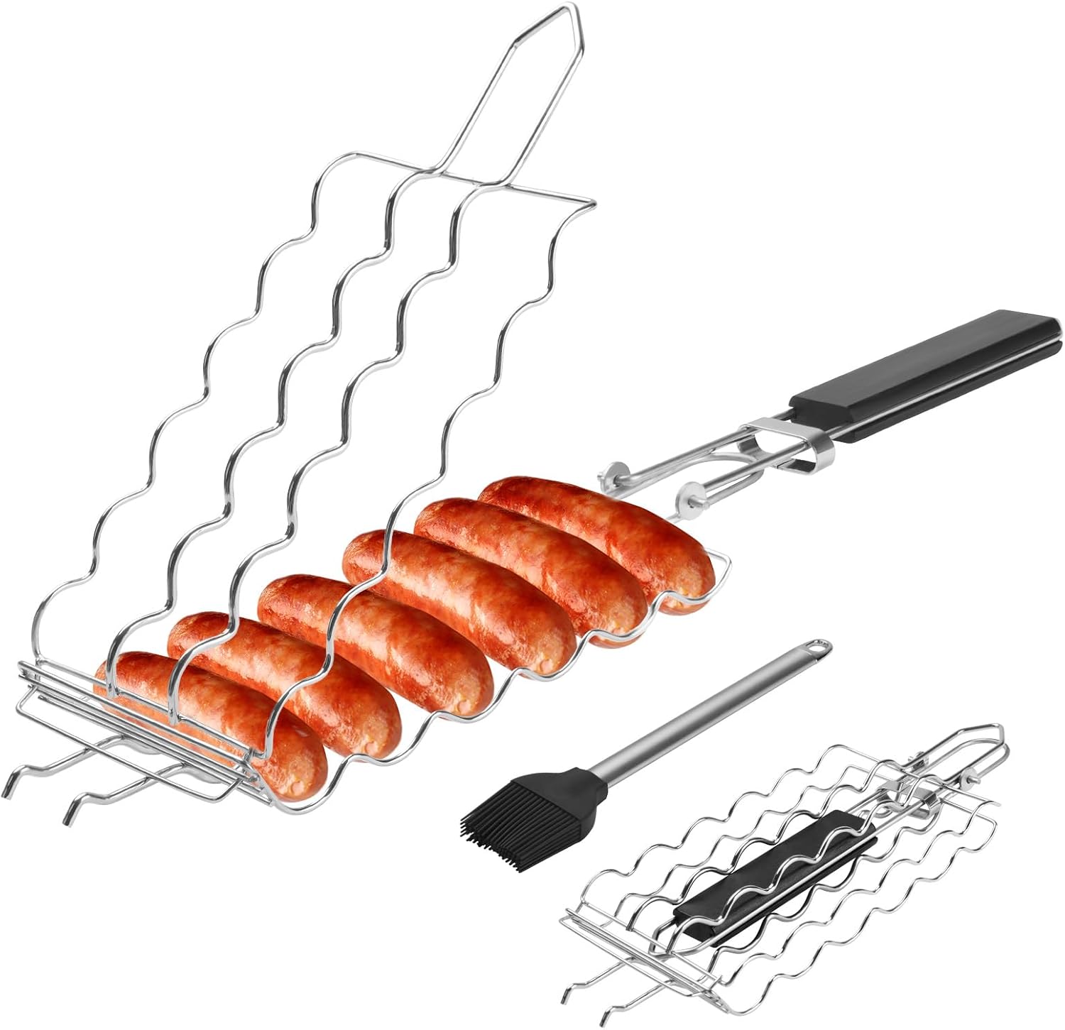 Hot Dog Holders for grilling with Brush - 6 hotdog bbq basket Stainless Steel Barbecue Mesh Clip,Removable Heat-Resistant Wooden Handle for Sausages, Steak, Vegetables Cooking, Easy to Clean & Store