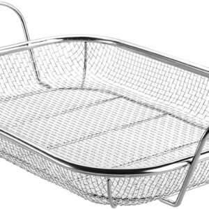 Grill Basket, Vegetable Barbecue Basket, 15" x 11" Stainless Steel Square Wire Mesh Grilling Basket Roasting Pan with Two Handles for Vegetables, Chicken, Meats and Fish