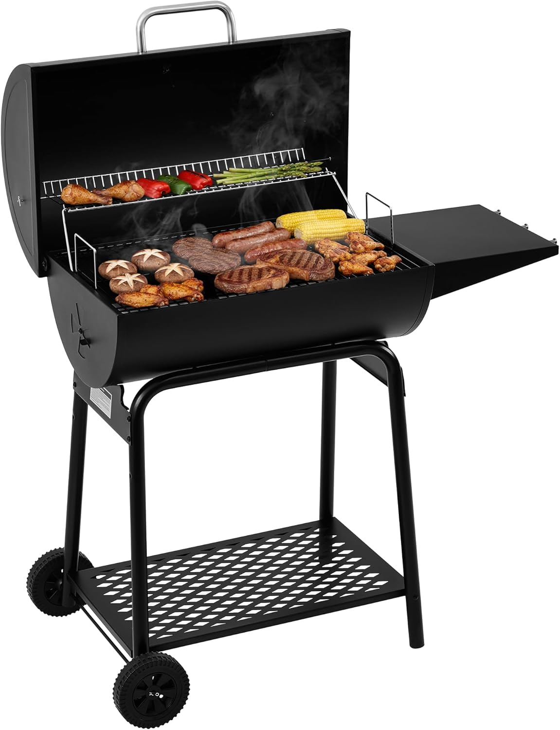 28 Inch Barrel Charcoal Grill with Warming Rack, Outdoor BBQ Grill with 626 Sq. In. Grilling Space for Backyard, Patio and Parties, Black