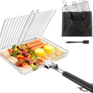 Fish Grill Basket for Outdoor Grill, Grilling Basket With Removable Handle, Portable BBQ Set Barbecue Rack for Shrimp Pork Veggies, Camping Grilling Accessories With Brush, Metal Skewers and Carry Bag