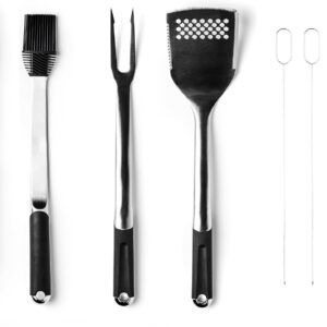 8-Piece BBQ Grill Tool Set with 18" Grill Spatula, 18" Locking Tongs, 17" Silicone Basting Brush, 18" Grill Fork, and Four 15" Flat Skewers, Heat-Resistant, Soft-Grip, Non-Slip Handles