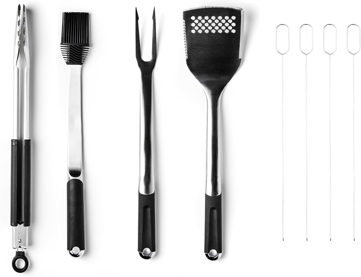 8-Piece BBQ Grill Tool Set with 18" Grill Spatula, 18" Locking Tongs, 17" Silicone Basting Brush, 18" Grill Fork, and Four 15" Flat Skewers, Heat-Resistant, Soft-Grip, Non-Slip Handles