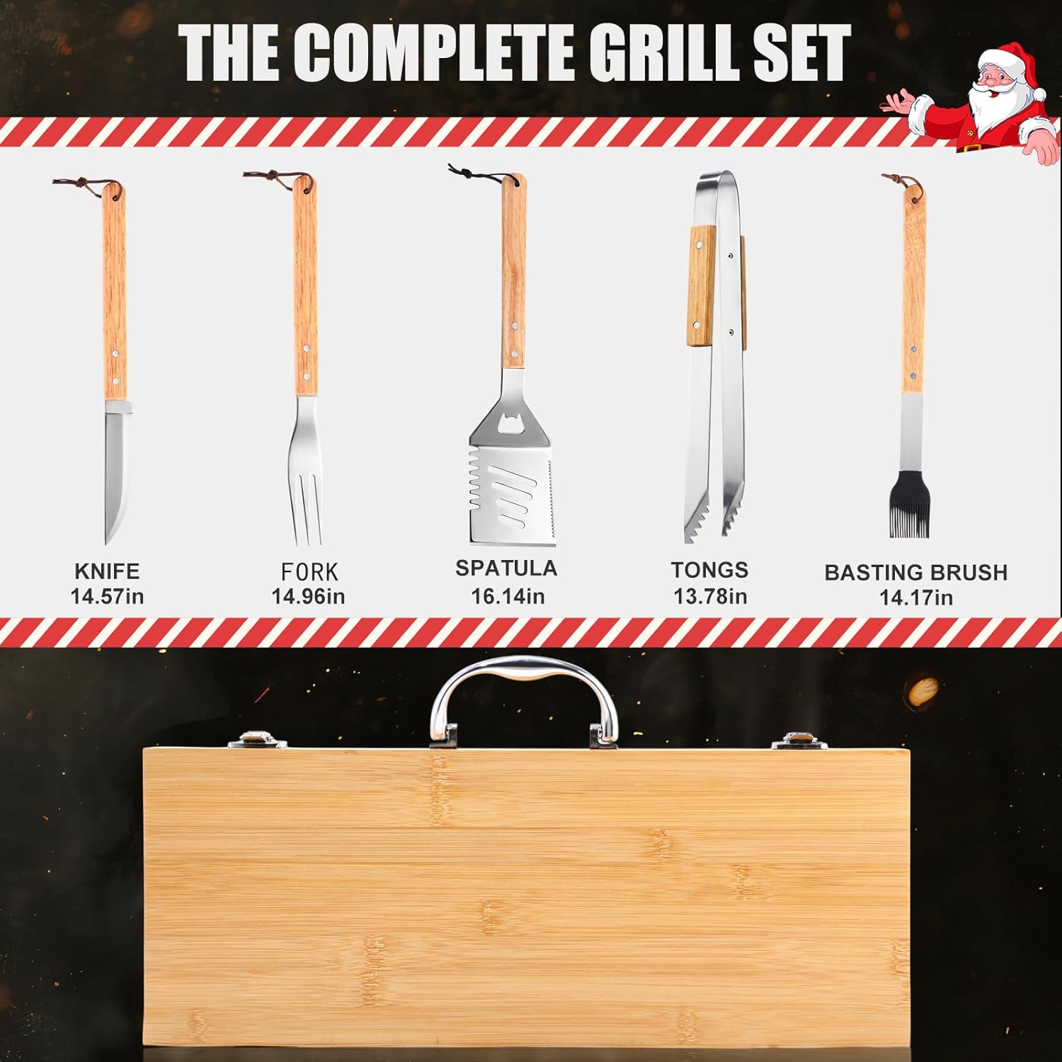 8 Pcs Dad Gifts from Daughter Son Men Grilling Birthday Gifts Heavy Duty Wooden Grilling Accessories BBQ Tools for Outdoor Grill with Wooden Case, Apron and Oven Mitts for Dad Men Husband - Image 2