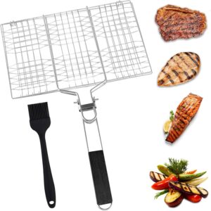 BBQ Fish Grill Basket with Basting Brush – 20.5"x13.5" Lockable Nonstick Grilling Basket with Beech Wood Handle, Chrome-Plated Carbon Steel Mesh for Fish, Meat, Vegetables