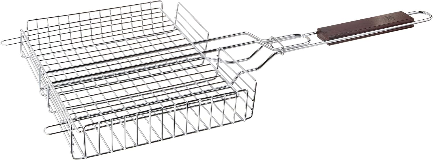 Rosewood Handle Grill Basket, Fish and Vegetable Grill Basket, Chrome
