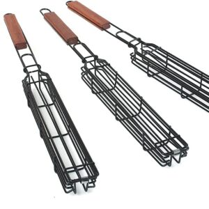 Non-Stick Kabob Grill Basket, Set of 4, Carbon Steel with Handle, Black, 19.5 x 2 x 1.5 Inch