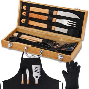 8 Pcs Dad Gifts from Daughter Son Men Grilling Birthday Gifts Heavy Duty Wooden Grilling Accessories BBQ Tools for Outdoor Grill with Wooden Case, Apron and Oven Mitts for Dad Men Husband