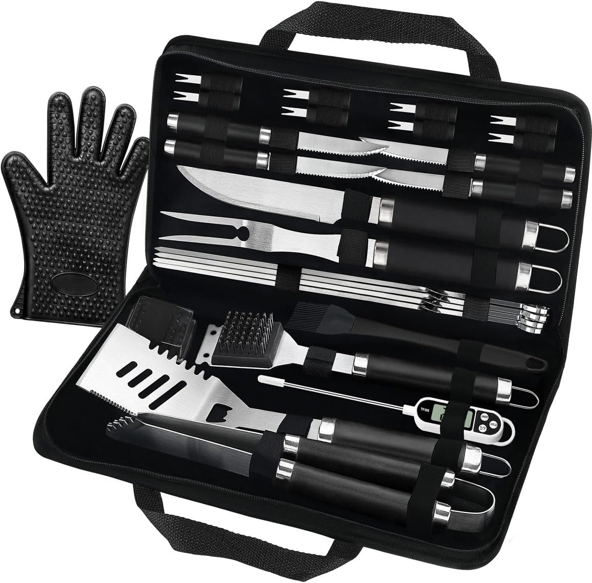 26 PCS BBQ Grill Accessories Stainless Steel BBQ Tools Grilling Tools Set with Storage Bag for Fathers Day Dads Birthday Presents - Camping Grill Utensils Set Ideal Grilling Gifts for Men Black