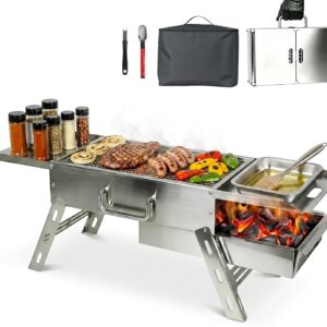 Portable Tabletop Charcoal Grill, Foldable Stainless Steel BBQ Grill with Carry Bag, Lightweight Small Camping Picnic Travel Tailgating Patio Grill