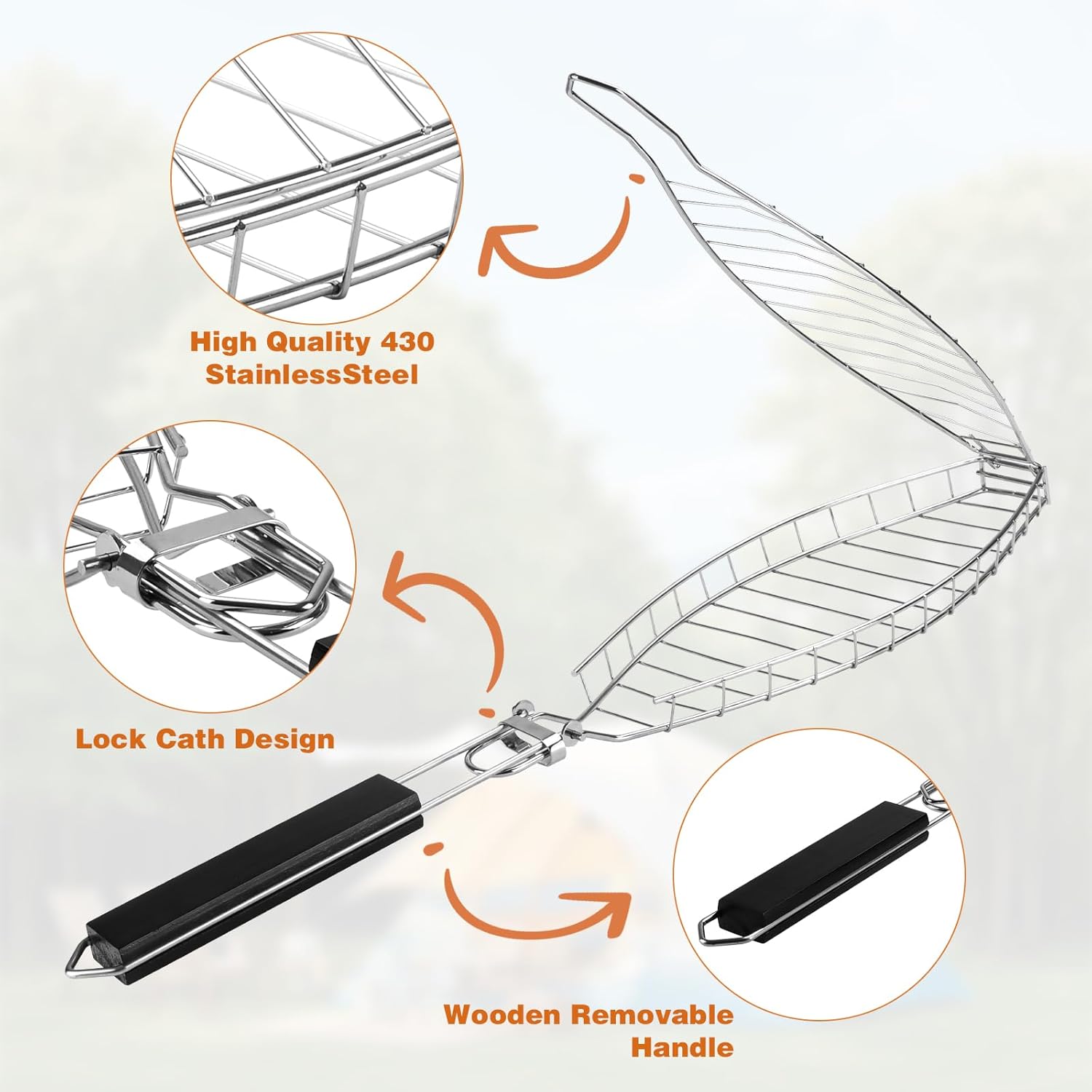 Fish Grill Basket, Stainless Steel Fish Grilling Rack For Oven With Detachable Handle , Large Whole BBQ Fish Grill Basket For Live Fish, NonStick Fish Basket for Grilling Perfect for Salmon, Veggies, And Seafood - Image 2