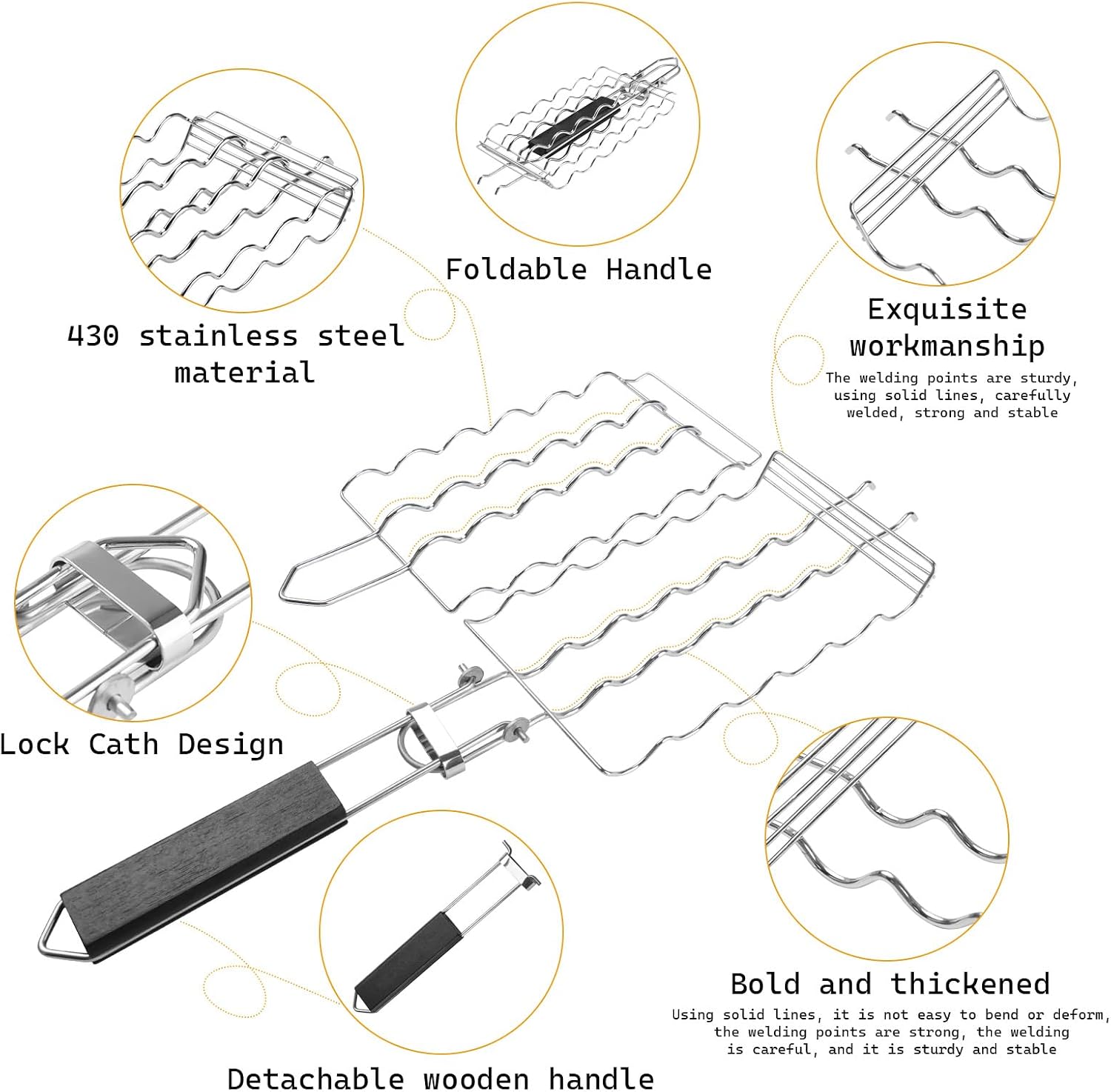Hot Dog Holders for grilling with Brush - 6 hotdog bbq basket Stainless Steel Barbecue Mesh Clip,Removable Heat-Resistant Wooden Handle for Sausages, Steak, Vegetables Cooking, Easy to Clean & Store - Image 2