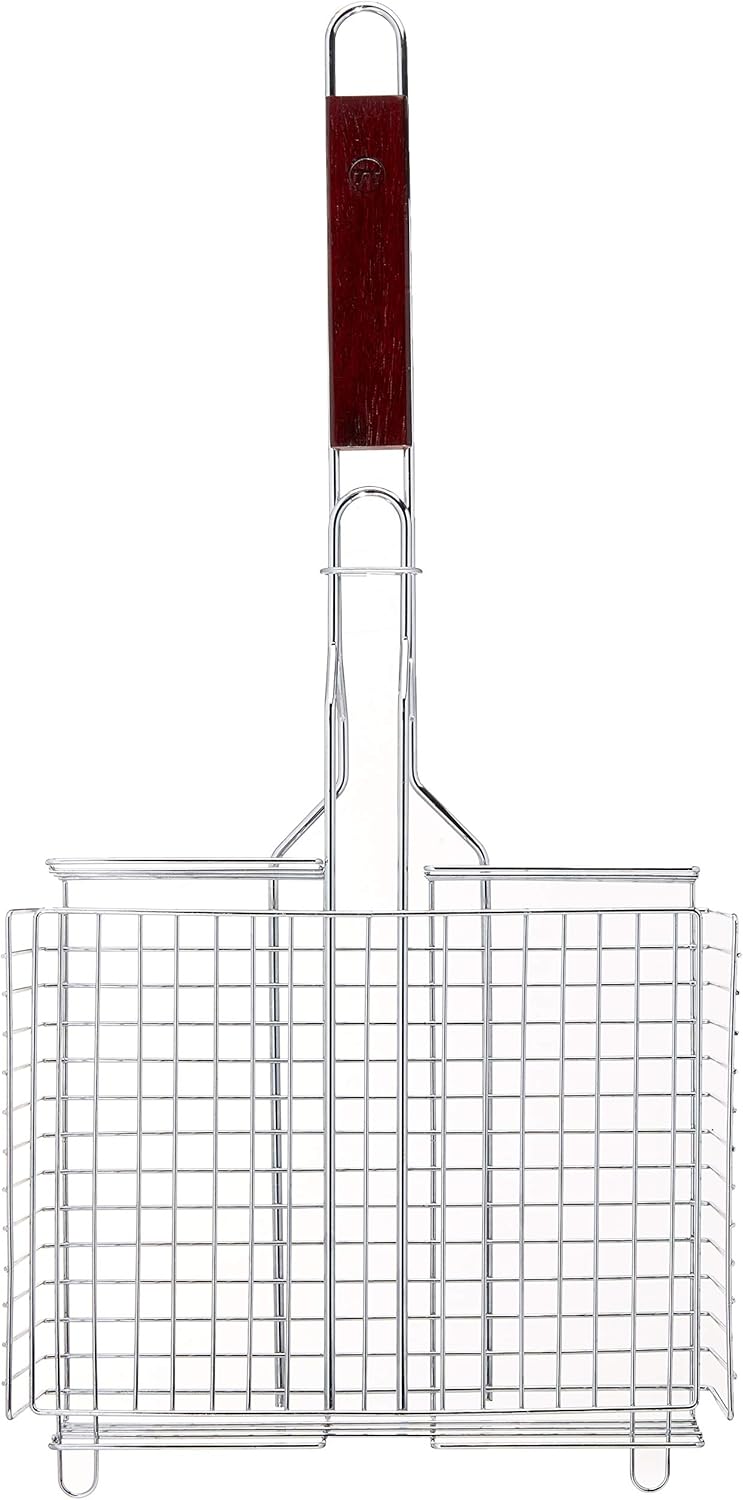 Rosewood Handle Grill Basket, Fish and Vegetable Grill Basket, Chrome - Image 2
