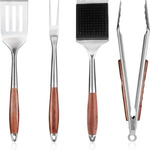 Heavy-Duty Grilling Accessories Rose Wooden BBQ Grilling Tools Set,Outdoor Grill Set with Spatula, Fork, Brush & Tongs,Essential Accessories for Barbecue & Grill. Ideal Gift for Men