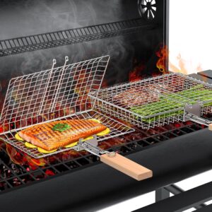 Fish Grill Basket Set, Removable Wooden Handle, 304 Stainless Steel, Nesting BBQ Tools, Smoker Grilling Accessories for Vegetable, Outdoor Cooking Camping, Birthday Gifts for Men Dad Husband
