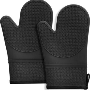Silicone Oven Mitts, Heat Resistant 500F Kitchen Mitts 2PCS, 11.6" Soft Baking Gloves, Non-Slip Grip Oven Gloves with Soft Cotton Lining for Kitchen Cooking Baking BBQ - Black