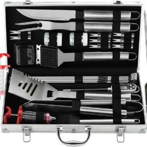 24PCS BBQ Grill Tools Set with Meat Thermometer and Injector - Extra Thick Stainless Steel Fork, Spatula& Tongs - Complete BBQ Accessories in - Perfect Grill Gifts for Father's Day