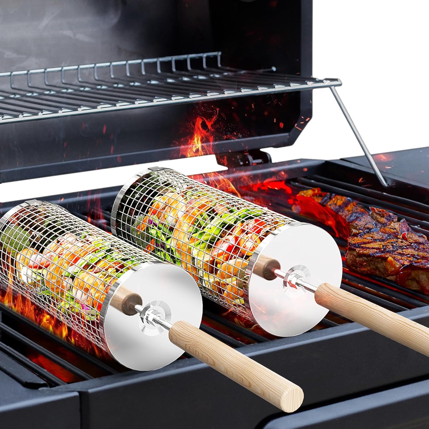 Rolling Grill Basket, Removable Wooden Handle, 304 Stainless Steel, Nesting BBQ Tools, Smoker Grilling Accessories for Vegetable, Outdoor Cooking Camping, Birthday Gifts for Men Dad Husband