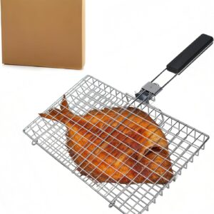Square BBQ Fish Basket for Grilling, Portable stainless steel grill basket for Fish, Vegetables, Meat Skewers, Suitable for camping, patio barbecues, or as a gift for men/women.