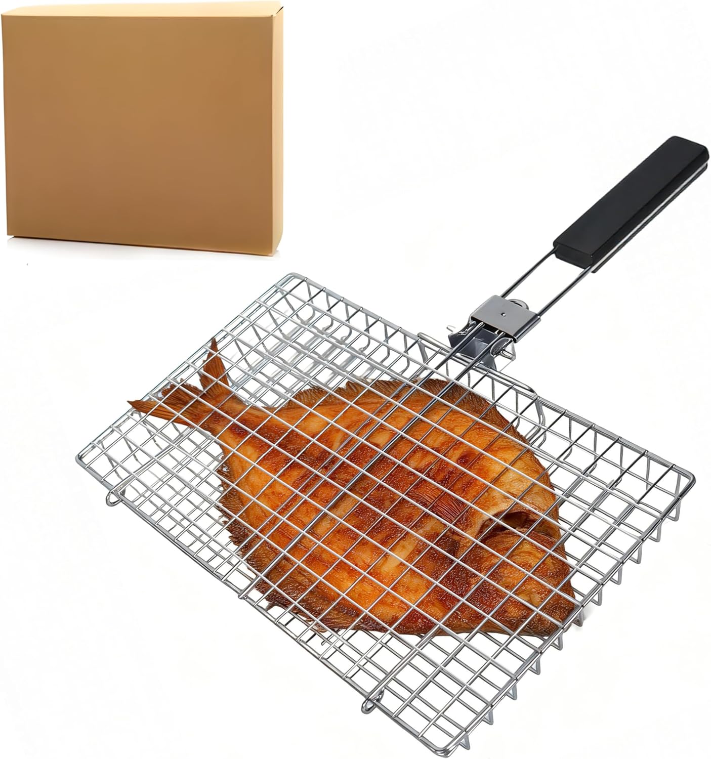 Square BBQ Fish Basket for Grilling, Portable stainless steel grill basket for Fish, Vegetables, Meat Skewers, Suitable for camping, patio barbecues, or as a gift for men/women.
