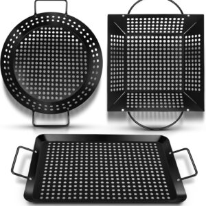 Large 3 Piece Grill Basket Set for Outdoor Grill, Heavy Duty Veggie Grilling Pan with Riveted Handles, Warp Resistant Nonstick BBQ Accessories for Vegetables, Seafood & Meat