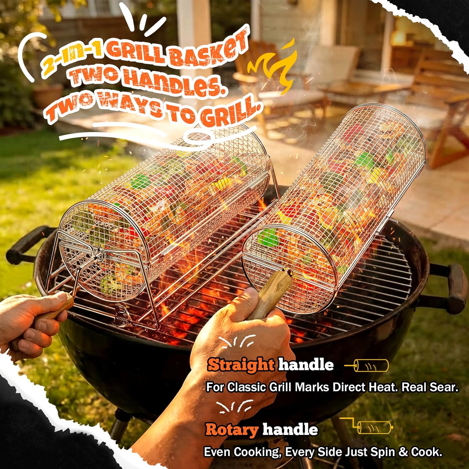 2-in-1 Rotatable Rolling Grill Basket, 304 Stainless Steel, with Removable Wooden Dual Handles & Rotating Stand, BBQ Accessories Tools for Vegetables Shrimp, Gifts for Birthday/Men/Dad/Husband - Image 2
