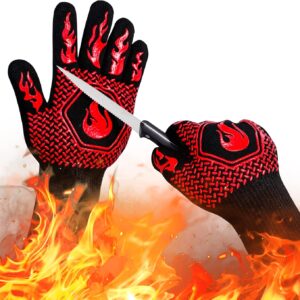 BBQ Fireproof Gloves, Grill Cut-Resistant 1472°F Heat Resistant Gloves, Non-Slip Silicone Oven Gloves, Kitchen Safe Cooking Gloves for Oven Mitts,Barbecue,Cooking, Frying,13.8 Inch-Red