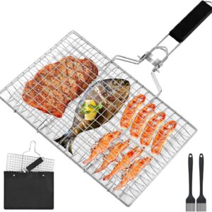 Fish Grill Baskets,Folding Portable Fish Grilling Rack For Grill, BBQ Grilling Basket, Stainless Steel Grill Basket For Veggies, Shrimp, Meat Cook,Come With Storage Bag and Two Basting Brush
