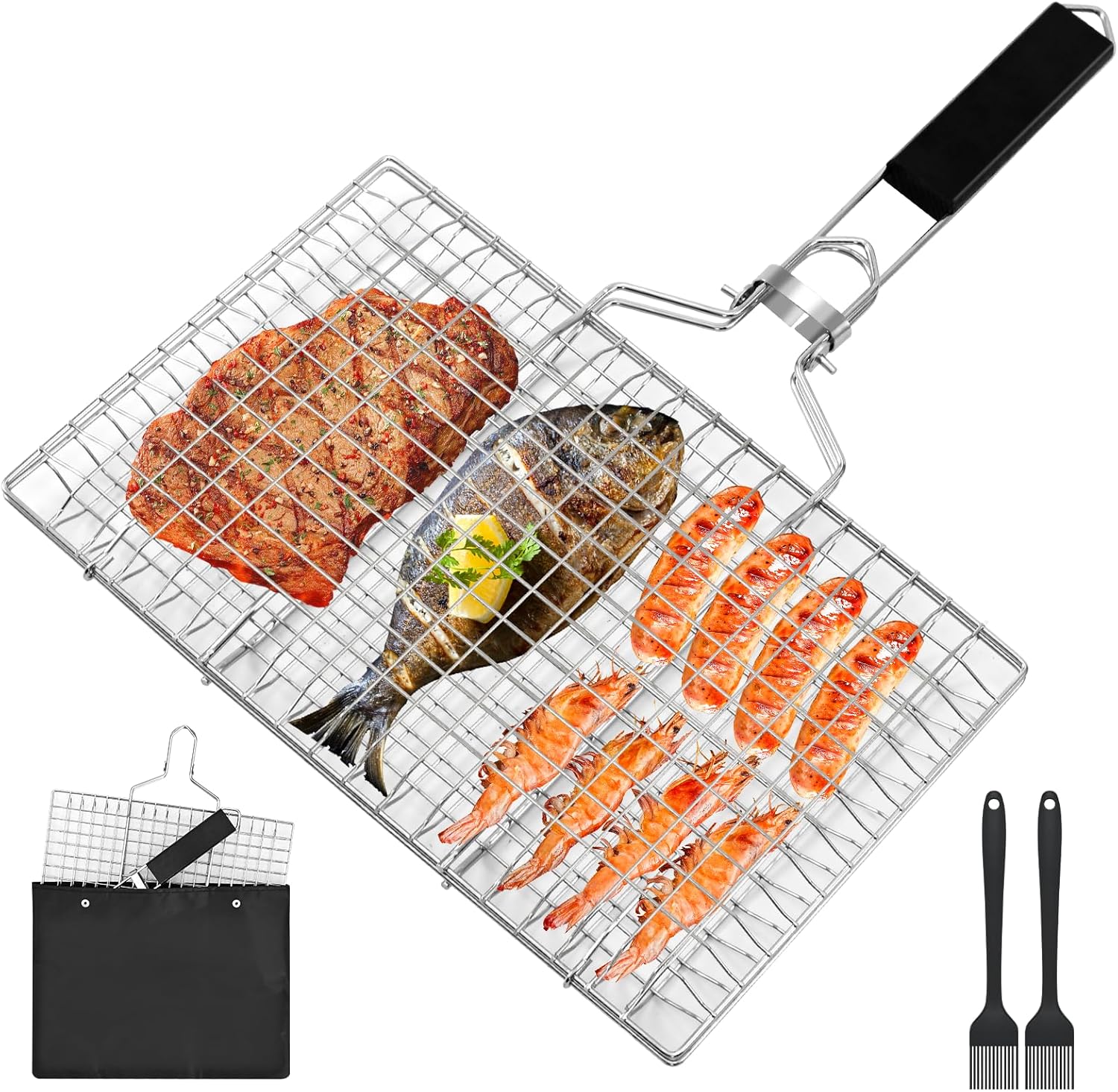 Fish Grill Baskets,Folding Portable Fish Grilling Rack For Grill, BBQ Grilling Basket, Stainless Steel Grill Basket For Veggies, Shrimp, Meat Cook,Come With Storage Bag and Two Basting Brush
