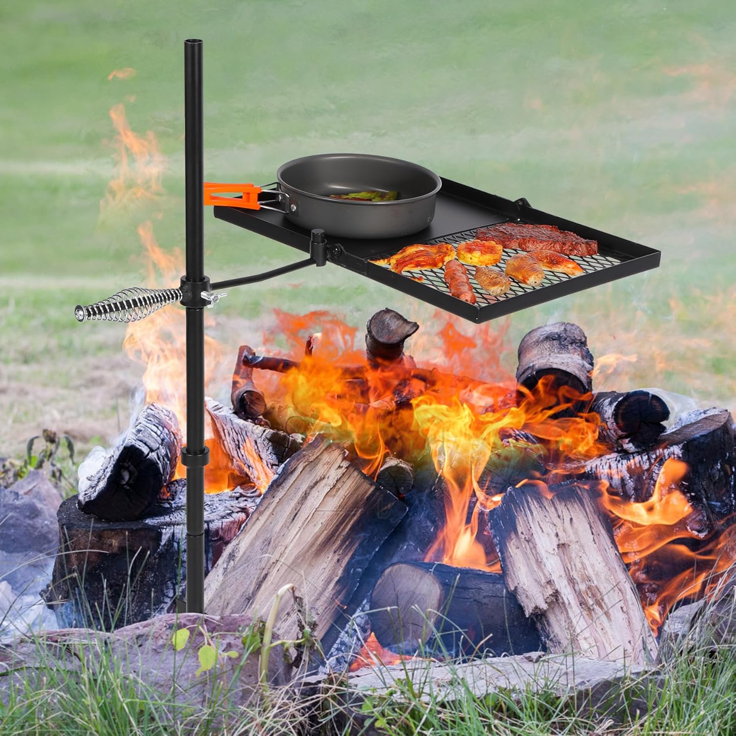 Height-Adjustable Portable Campfire Grill Grate, Foldable Swivel Fire Pit Cooking Grill, Heavy Duty Steel Mesh Fire Pit Grill Grate with Carrying Bag for Outdoor Backyard Cooking Camping BBQ - Image 2