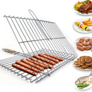 Grill Basket 11.8 x 15.8-inch for Outdoor Grill, Barbecue Basket for Fish, Steak, Chicken, Vegetables, Shish Kabob and Shrimp, Large Lockable Basket with Wooden Handle, Stainless Steel, BBQ